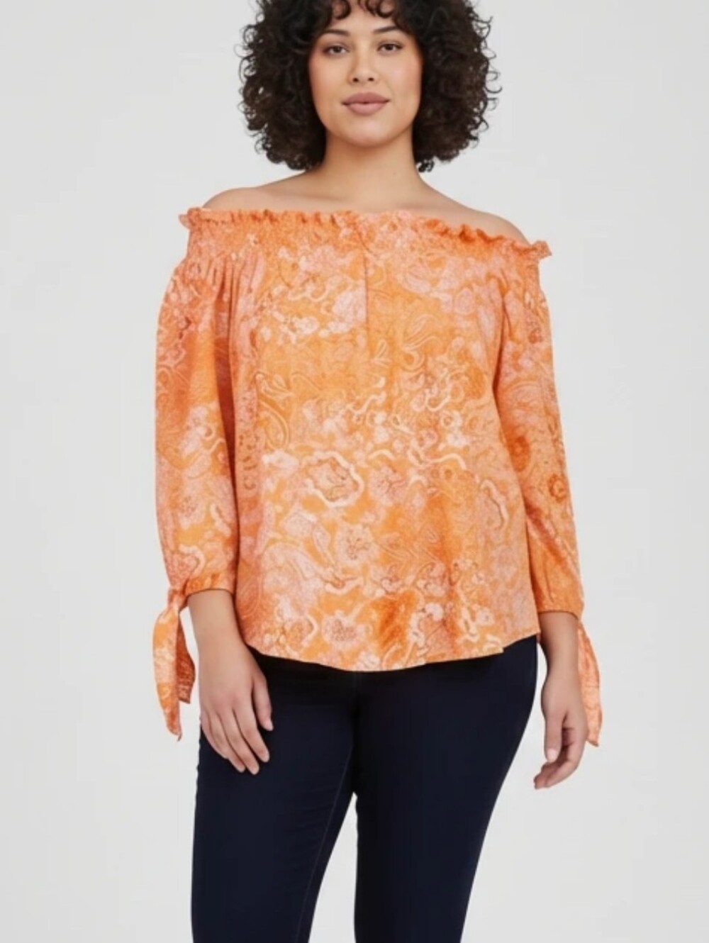 Michael Kors Orange Paisley Off The Shoulder Ruffle Tie Sleeve Blouse Medium